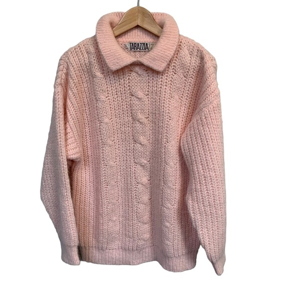Vintage Pale Pink Chunky Cable Knit Collared Sweater - Picture 1 of 8